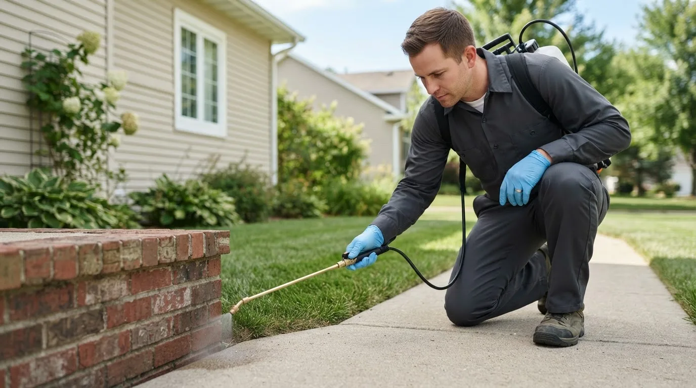 Pest control technician treating a home near Bellamy, AL